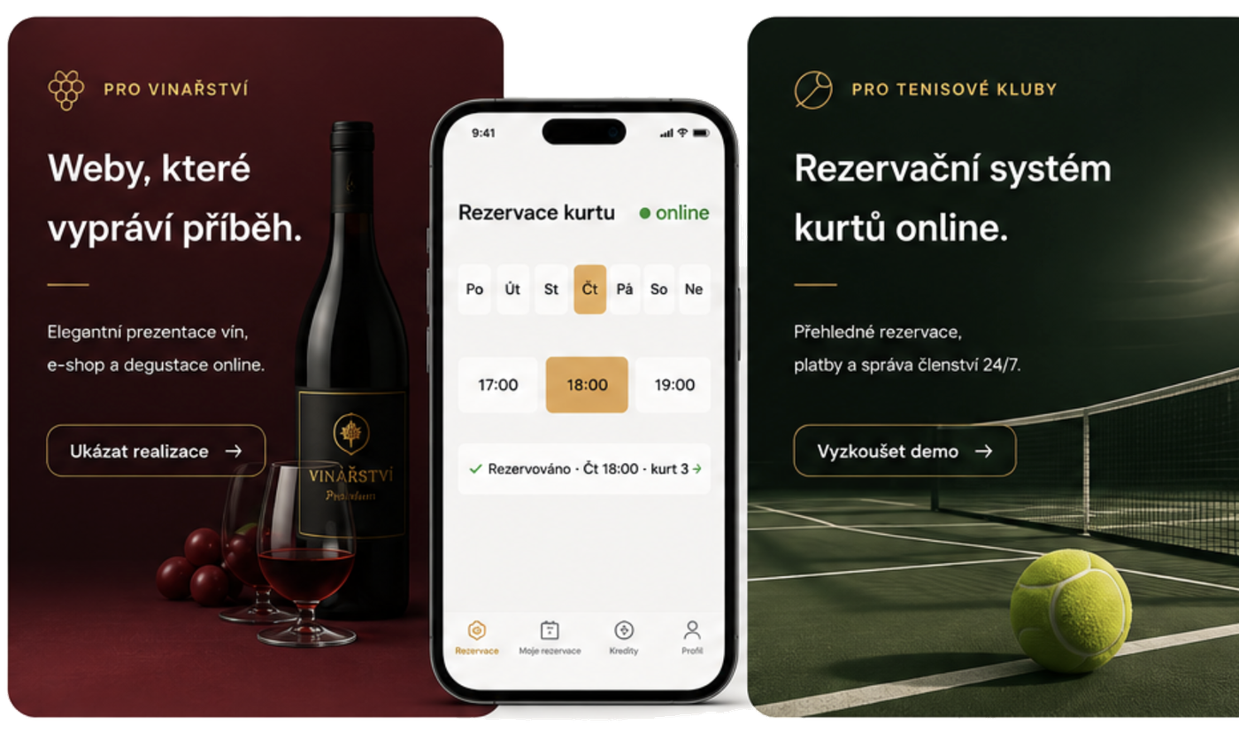 Ukázky webů a aplikací na míru — web pro vinařství a rezervační systém tenisových kurtů