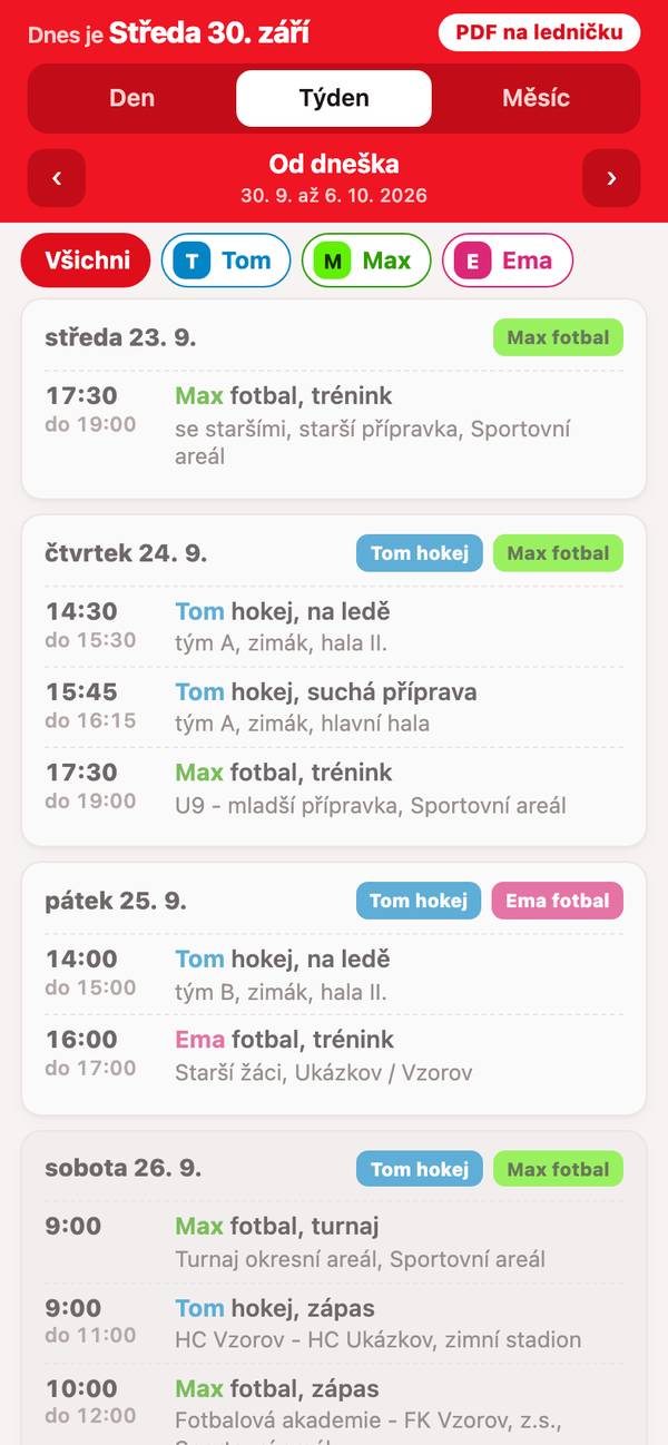Rodinný rozvrh kroužků v telefonu