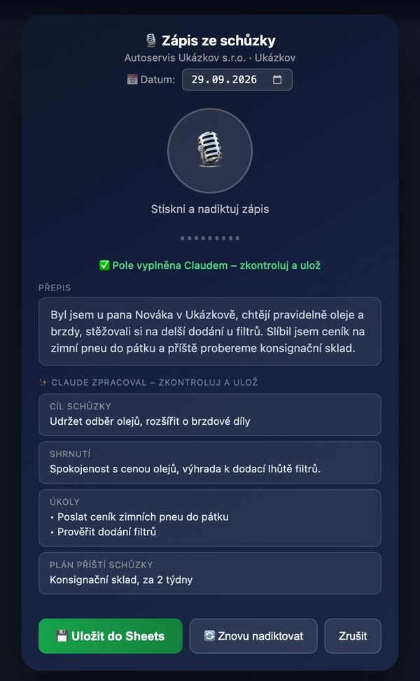 Zápis ze schůzky nadiktovaný do telefonu, zákazníci smyšlení