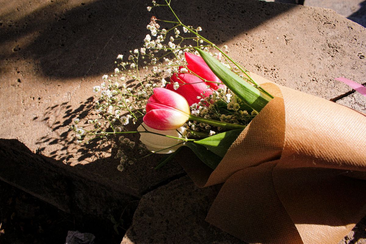 Kytice růžových tulipánů s gypsophilou zabalená v papíru